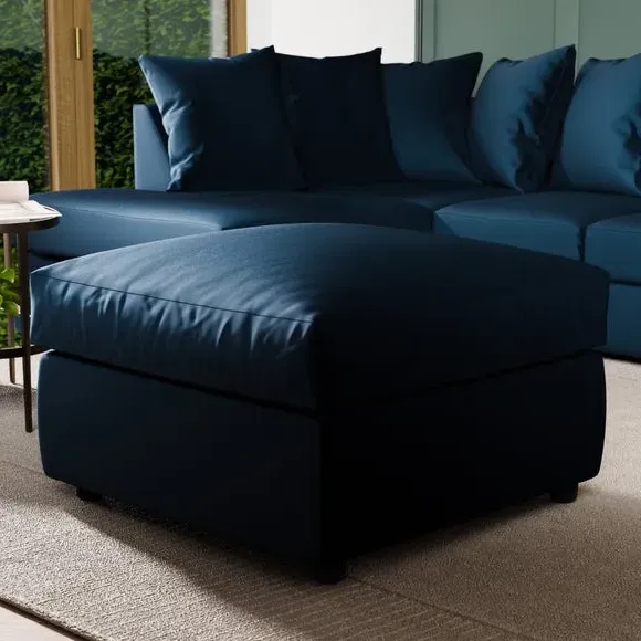 Compact Footstool with Cushion - Navy, Velvet