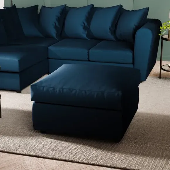 Compact Footstool with Cushion - Navy, Velvet