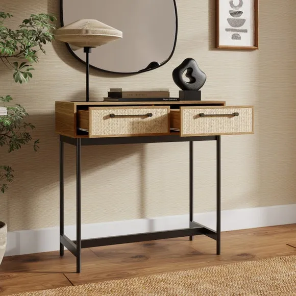 Console Table with 2 Drawers - Oak, Rattan