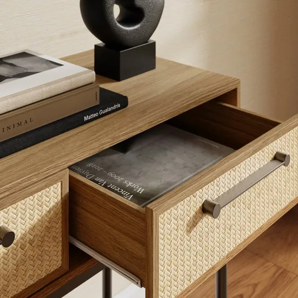 Console Table with 2 Drawers - Oak, Rattan