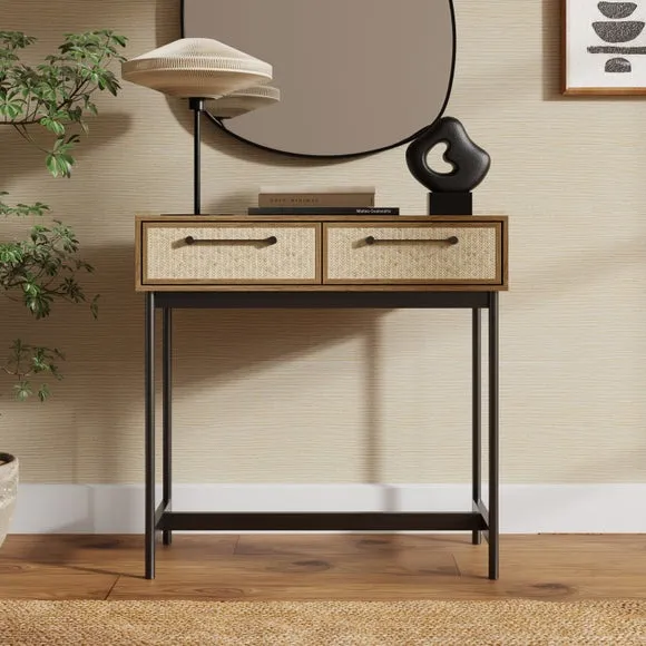 Console Table with 2 Drawers - Oak, Rattan image
