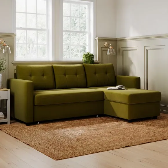 Corner Chaise Sofa Bed with Storage - Olive, Velvet