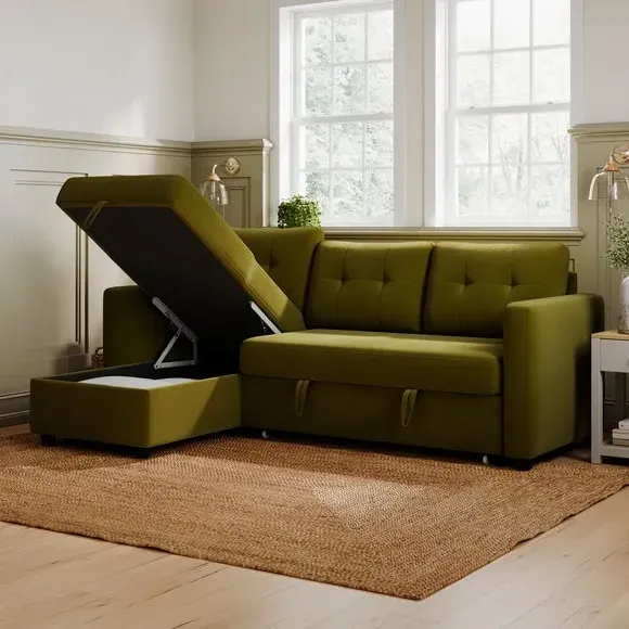 Corner Chaise Sofa Bed with Storage - Olive, Velvet