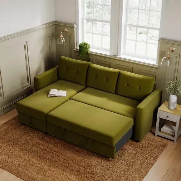 Corner Chaise Sofa Bed with Storage - Olive, Velvet