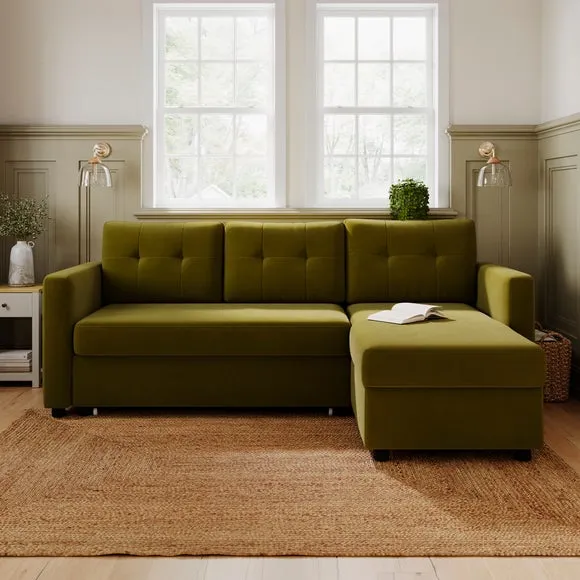 Corner Chaise Sofa Bed with Storage - Olive, Velvet