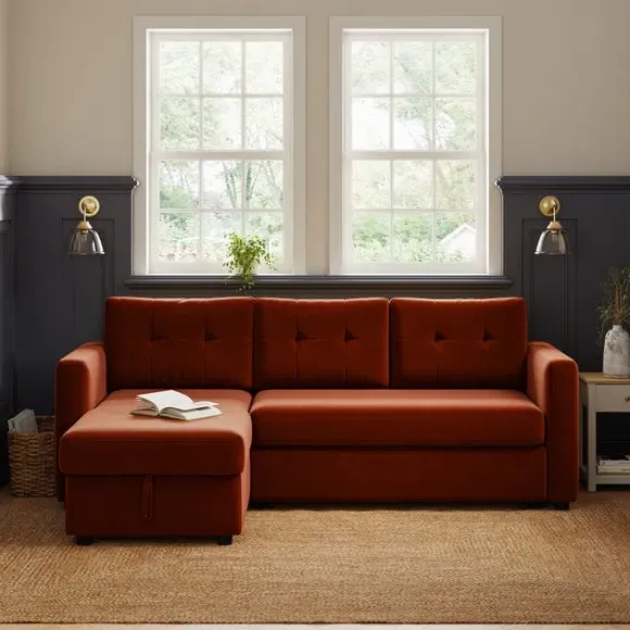Corner Chaise Sofa Bed with Storage - Orange, Velvet