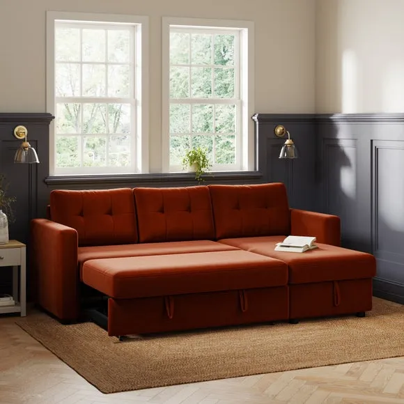 Corner Chaise Sofa Bed with Storage - Orange, Velvet