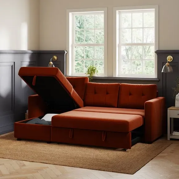 Corner Chaise Sofa Bed with Storage - Orange, Velvet