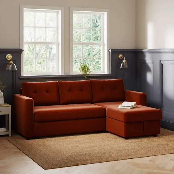 Corner Chaise Sofa Bed with Storage - Orange, Velvet