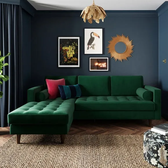 Corner Chaise Sofa with Bolsters - Green, Velvet