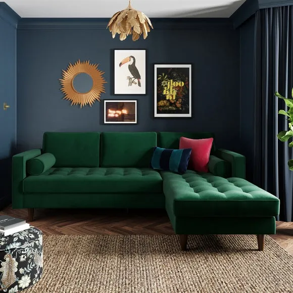 Corner Chaise Sofa with Bolsters - Green, Velvet image