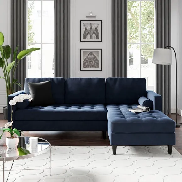 Corner Chaise Sofa with Bolsters - Navy, Velvet