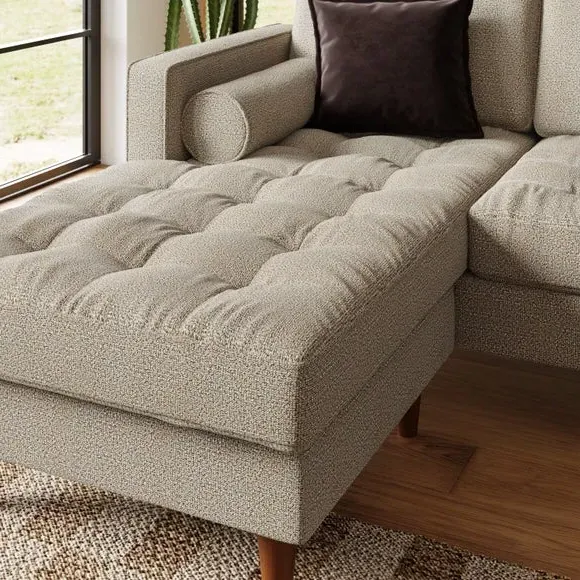 Corner Chaise Sofa with Buttons - Natural, Boucle