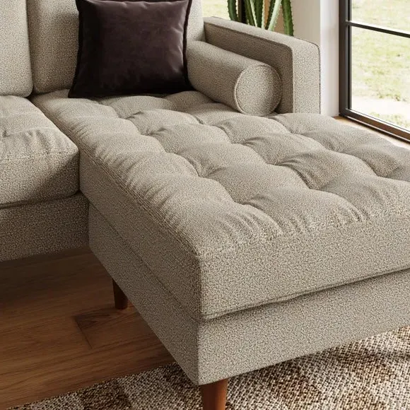 Corner Chaise Sofa with Buttons - Natural, Boucle