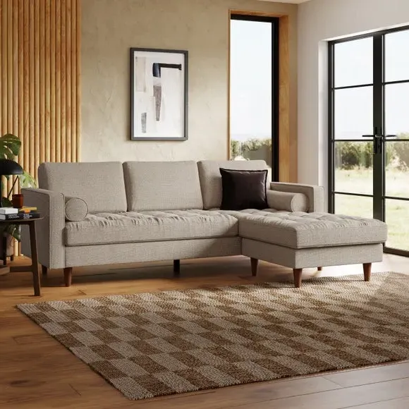 Corner Chaise Sofa with Buttons - Natural, Boucle