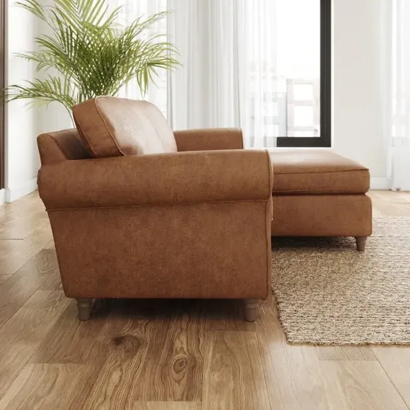 Corner Chaise Sofa with Curved Arms - Tan, Faux Leather