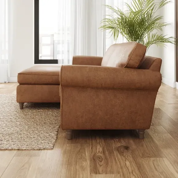 Corner Chaise Sofa with Curved Arms - Tan, Faux Leather