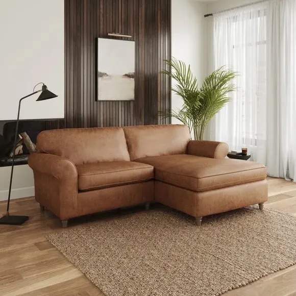 Corner Chaise Sofa with Curved Arms - Tan, Faux Leather