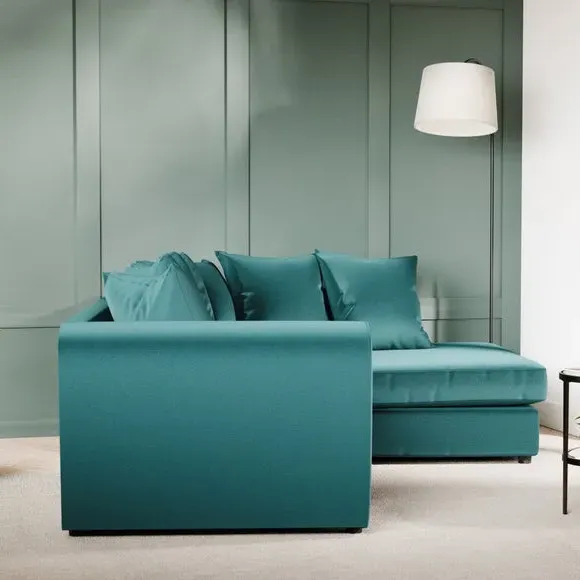 Corner Chaise Sofa with Curved Arms - Teal, Velvet