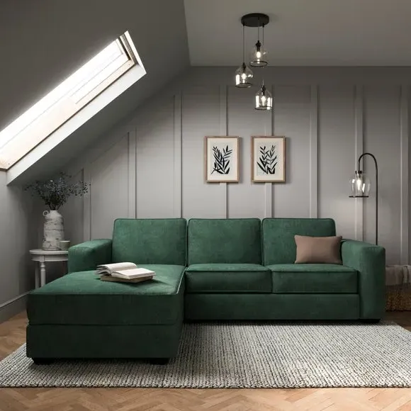 Corner Chaise Sofa with Cushions - Green, Chenille