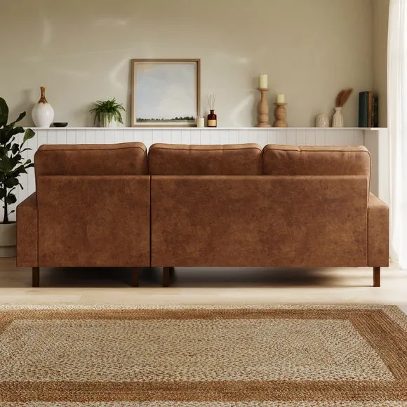 Corner Chaise Sofa with Piped Edge - Tan, Faux Leather