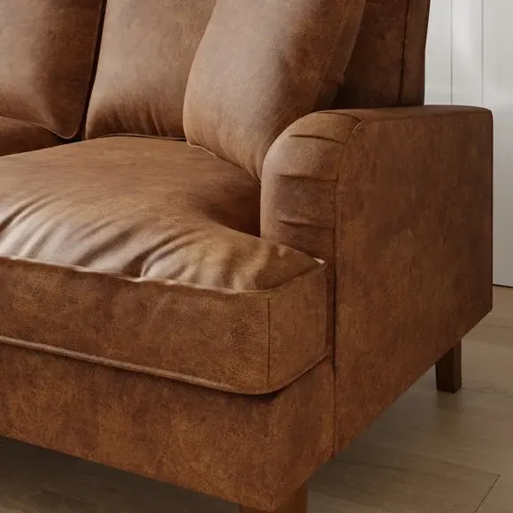 Corner Chaise Sofa with Piped Edge - Tan, Faux Leather