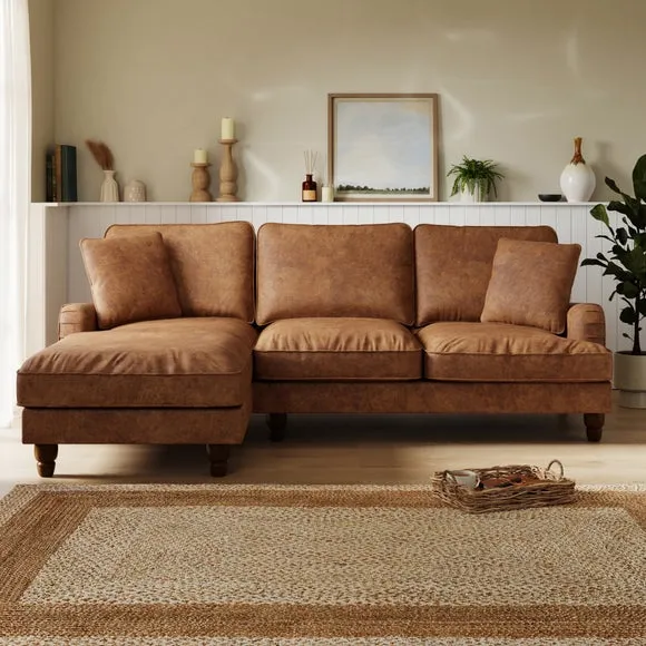 Corner Chaise Sofa with Piped Edge - Tan, Faux Leather image
