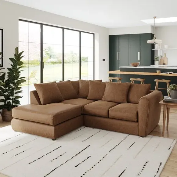 Corner Chaise Sofa with Roll Arms - Tan, Faux Leather image