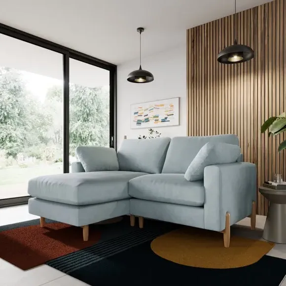 Corner Chaise Sofa with Square Arms - Blue, Velvet