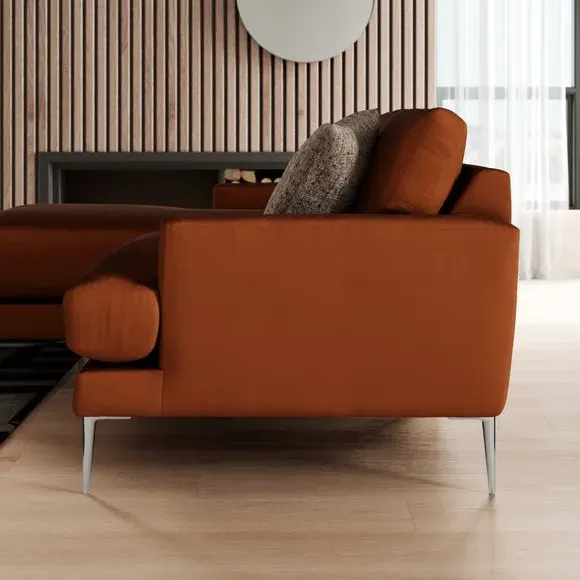 Corner Chaise Sofa with Square Arms - Orange, Velvet