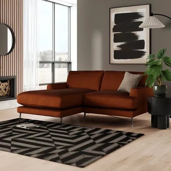 Corner Chaise Sofa with Square Arms - Orange, Velvet