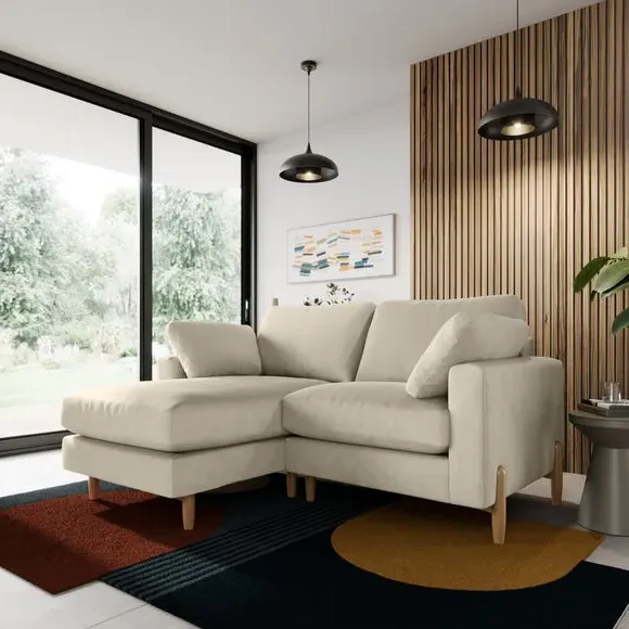 Corner Chaise Sofa with Square Arms - Sand, Velvet