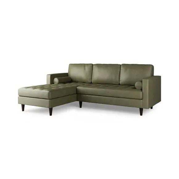 Corner Chaise Sofa with Tufted Seat - Green, Faux Leather