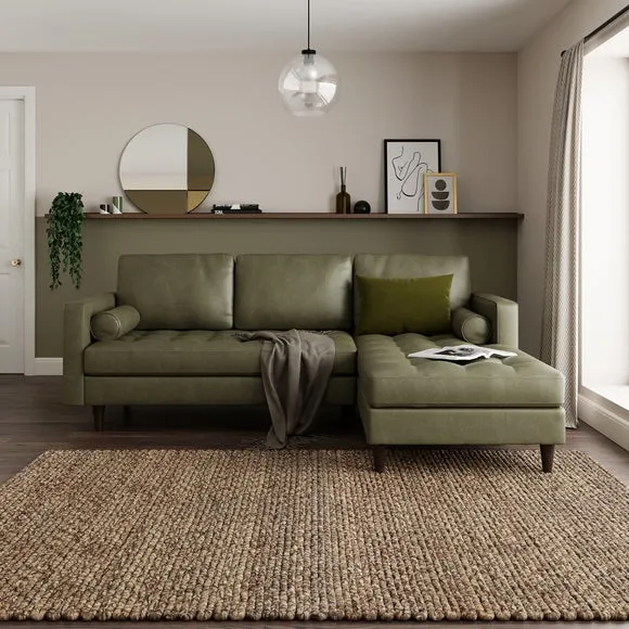 Corner Chaise Sofa with Tufted Seat - Green, Faux Leather