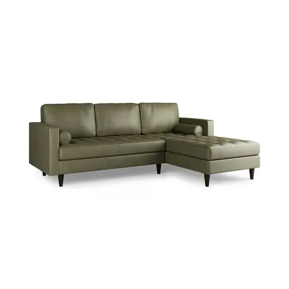 Corner Chaise Sofa with Tufted Seat - Green, Faux Leather