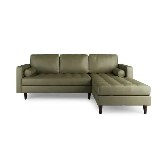 Corner Chaise Sofa with Tufted Seat - Green, Faux Leather