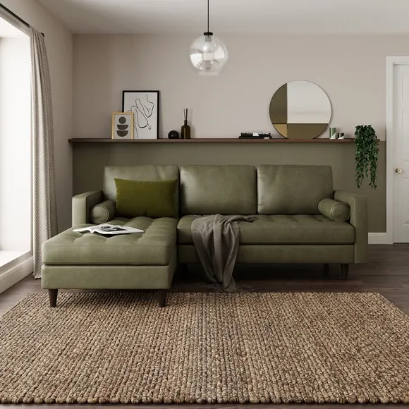Corner Chaise Sofa with Tufted Seat - Green, Faux Leather