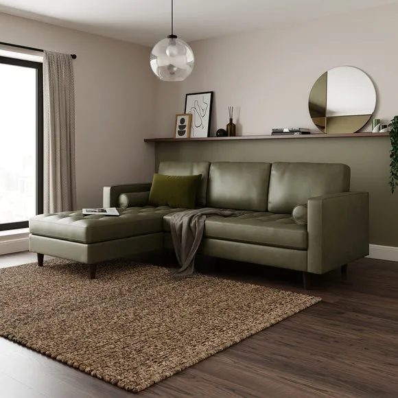 Corner Chaise Sofa with Tufted Seat - Green, Faux Leather