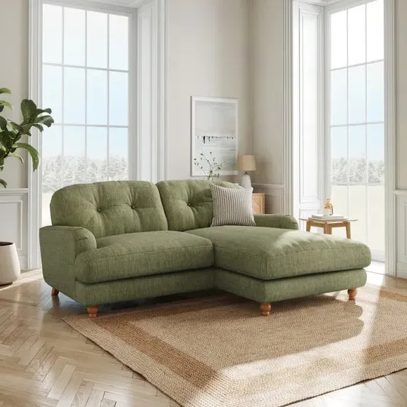 Corner Chaise Sofa with Turned Legs - Green, Linen