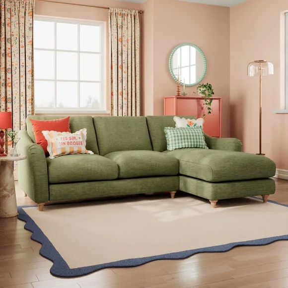 Corner Chaise with Curved Arms - Green, Faux Linen