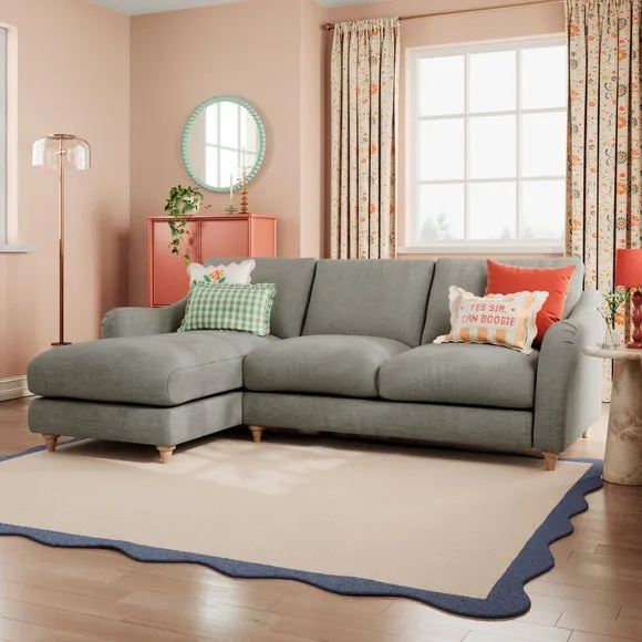 Corner Chaise with Curved Arms - Grey, Faux Linen