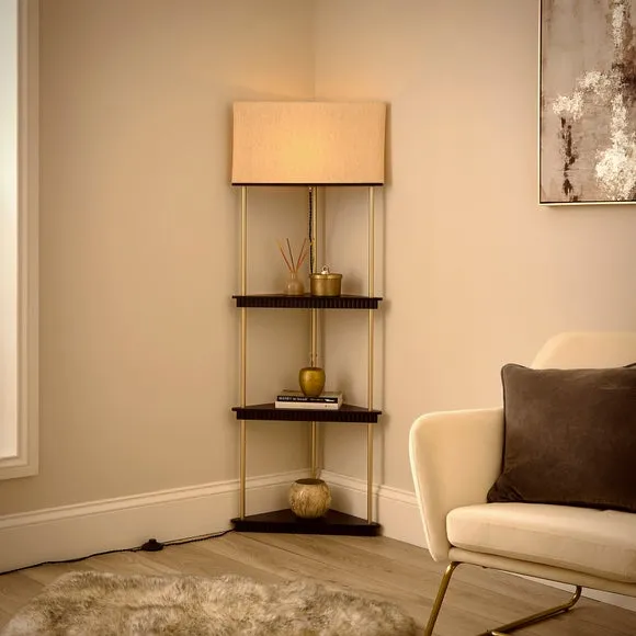Corner Floor Lamp with Shelves - Black