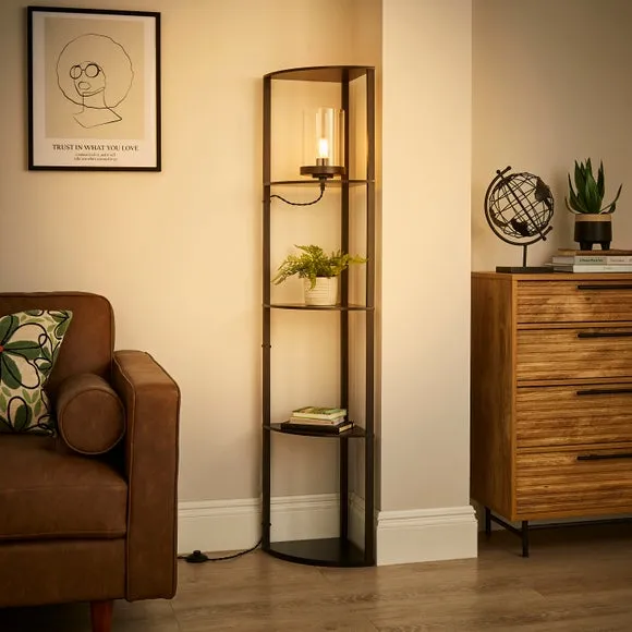 Corner Floor Lamp with Shelves - Black