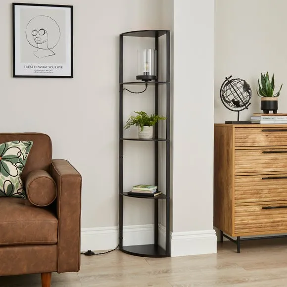 Corner Floor Lamp with Shelves - Black