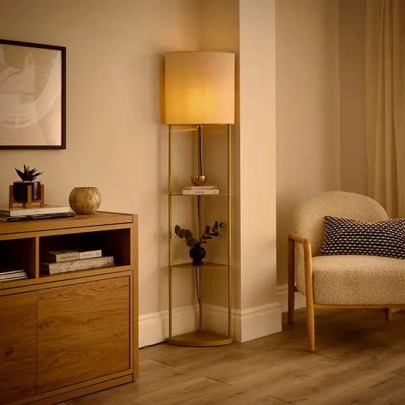 Corner Floor Lamp with Shelves - Gold, Metal