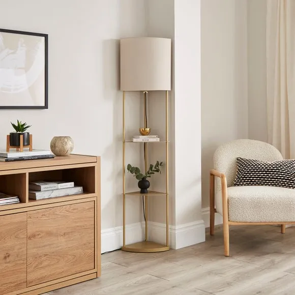 Corner Floor Lamp with Shelves - Gold, Metal