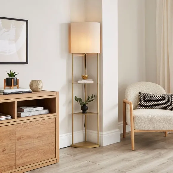 Corner Floor Lamp with Shelves - Gold, Metal image