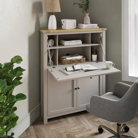 Corner Hideaway Desk with Storage - Stone, Oak