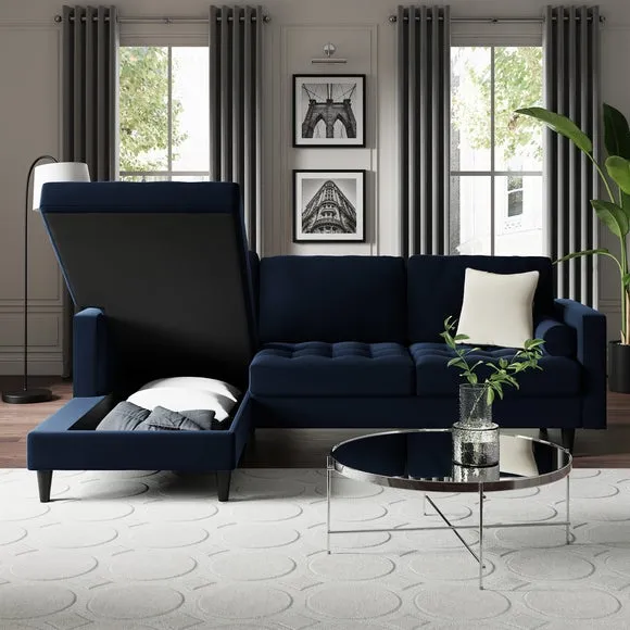 Corner Sofa Bed with Chaise - Navy, Velvet