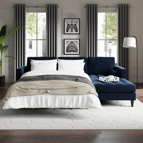 Corner Sofa Bed with Chaise - Navy, Velvet image